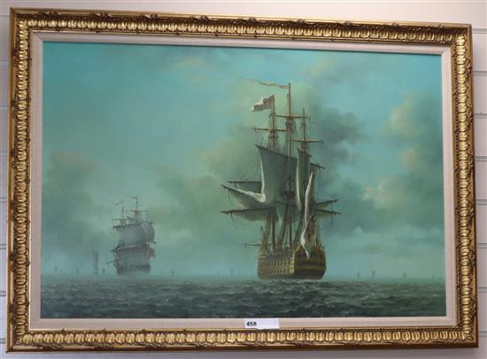 Gordon, oil on canvas, English Man oWar at sea, signed, 60 x 90cm